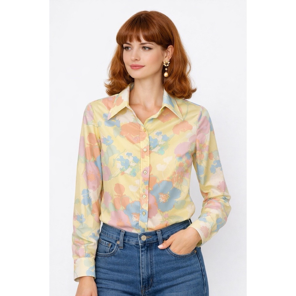 Vintage Jack Winter Blouse 70s Floral Pastel Long Sleeve Small